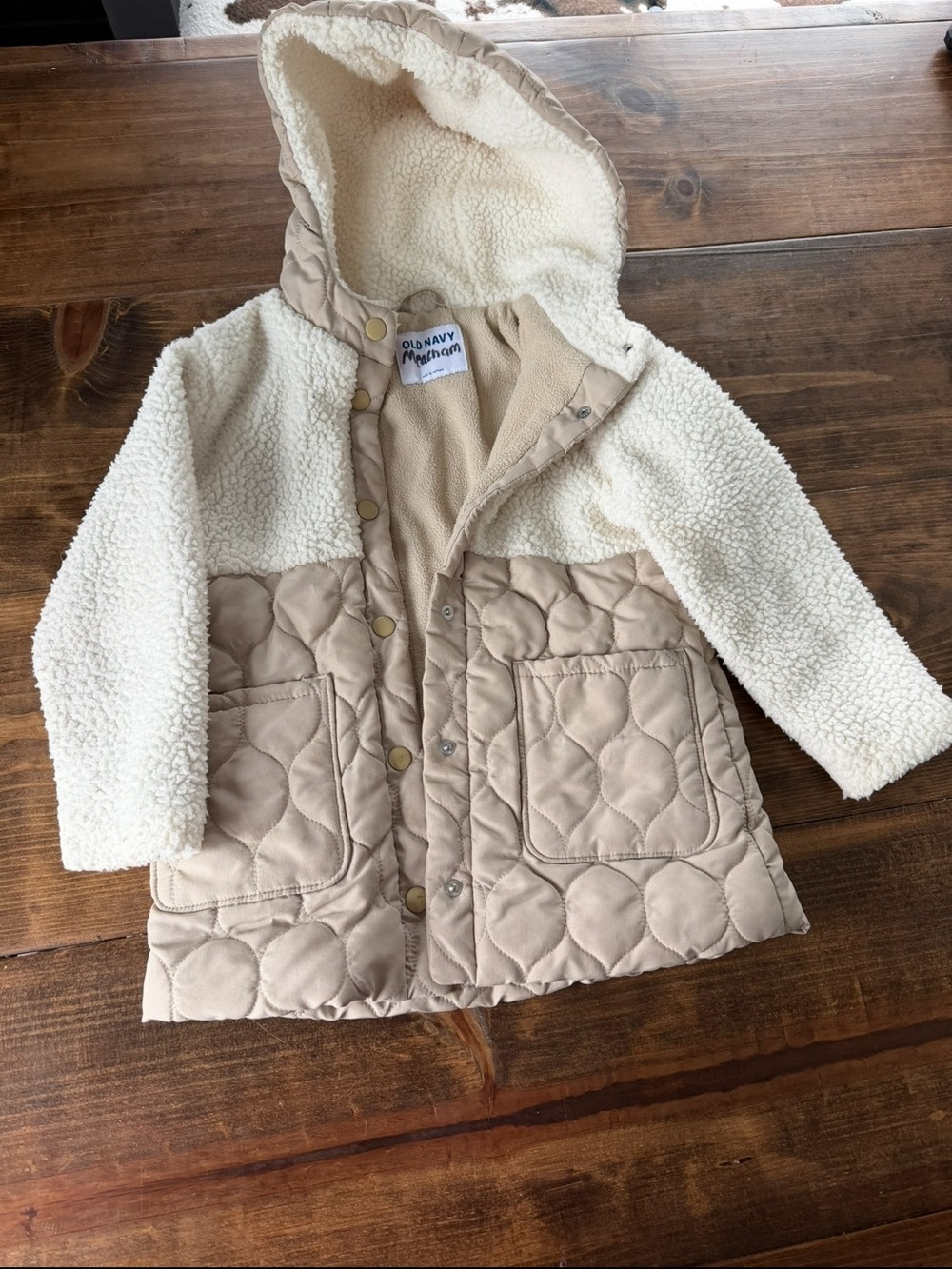 Old Navy Cream Sherpa & Beige Quilted Hooded Puffer Jacket - Kids